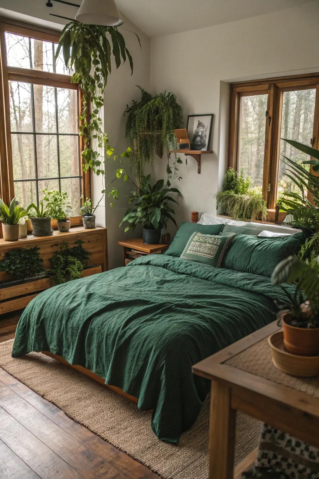 Nature-inspired decor enhances the tranquility of forest green bedding.