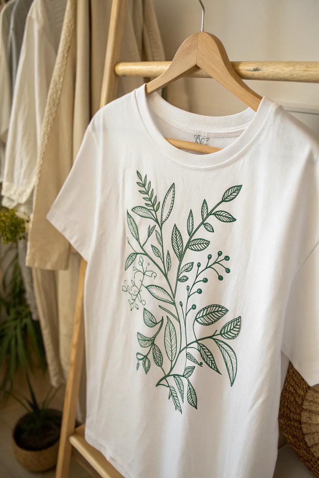 Embrace the simplicity of nature with this stunning leafy motif t-shirt design.