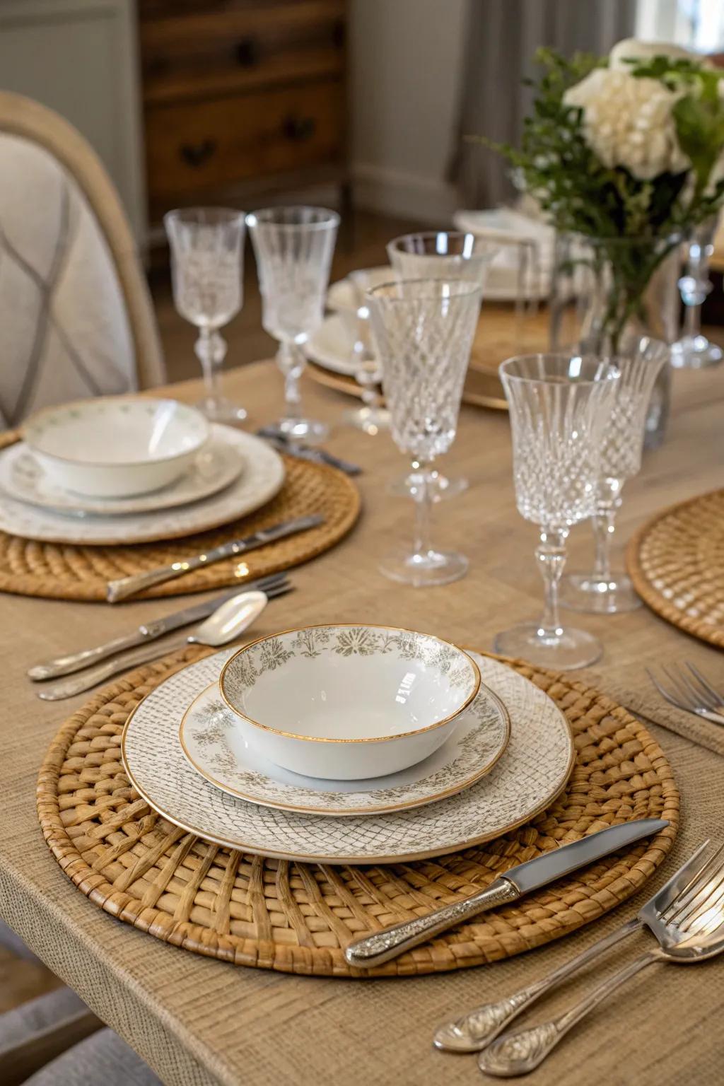 Textured placemats add depth and warmth to this French-inspired table.