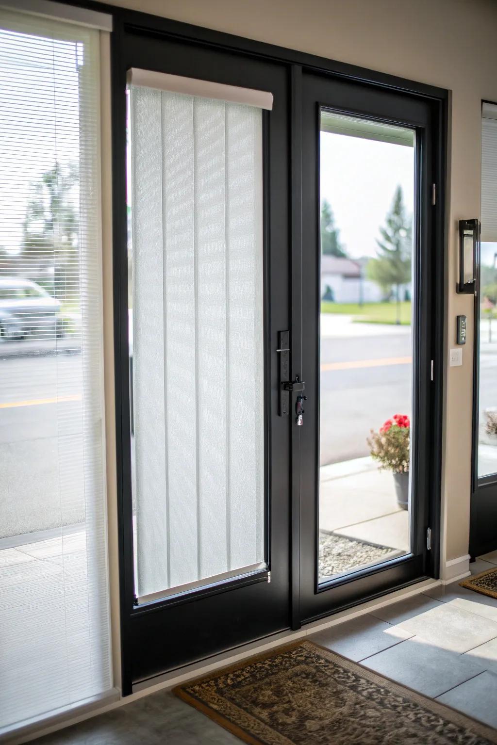 Sophisticated panel track blinds enhancing the entryway.