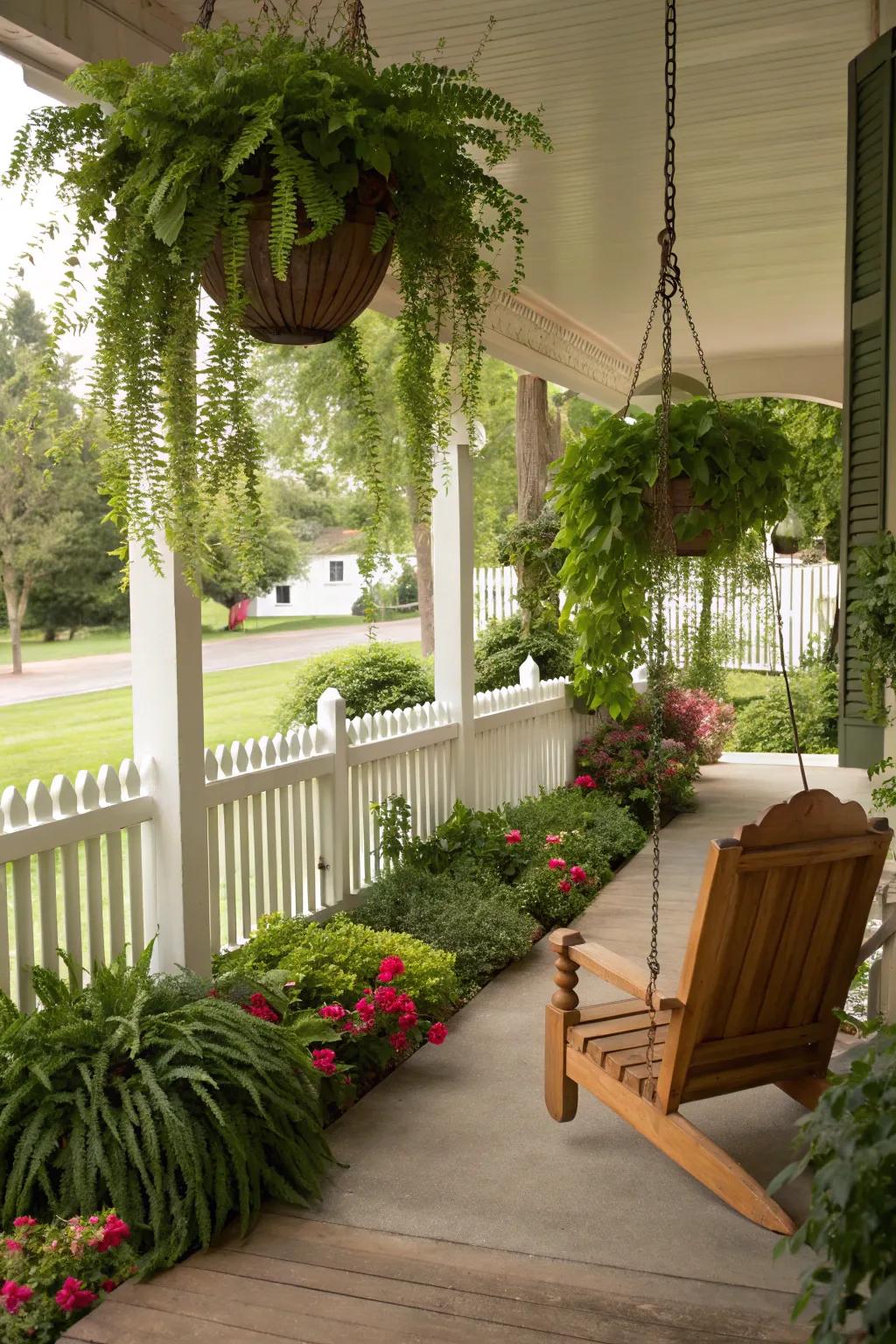 Greenery adds a lush, natural feel to the porch.