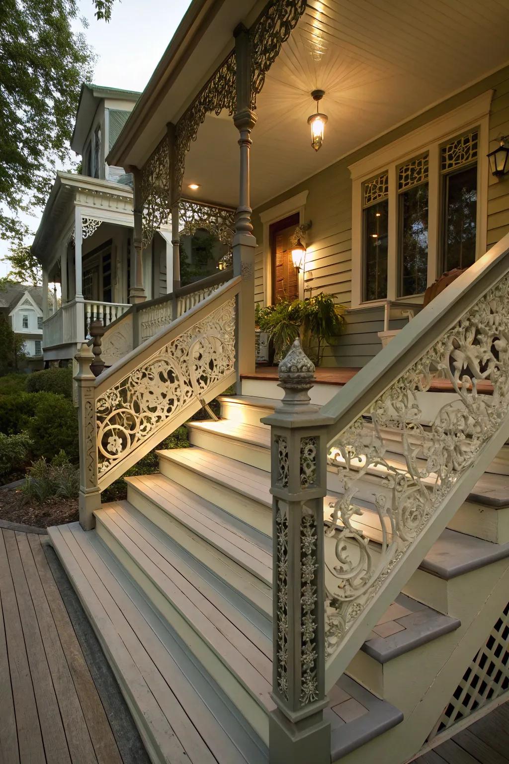 Decorative railings add character and style to porch steps.