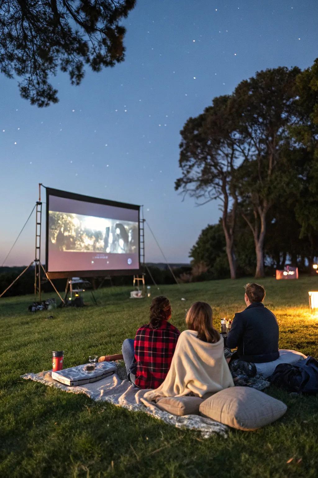 A mini outdoor cinema provides a cozy retreat for guests.