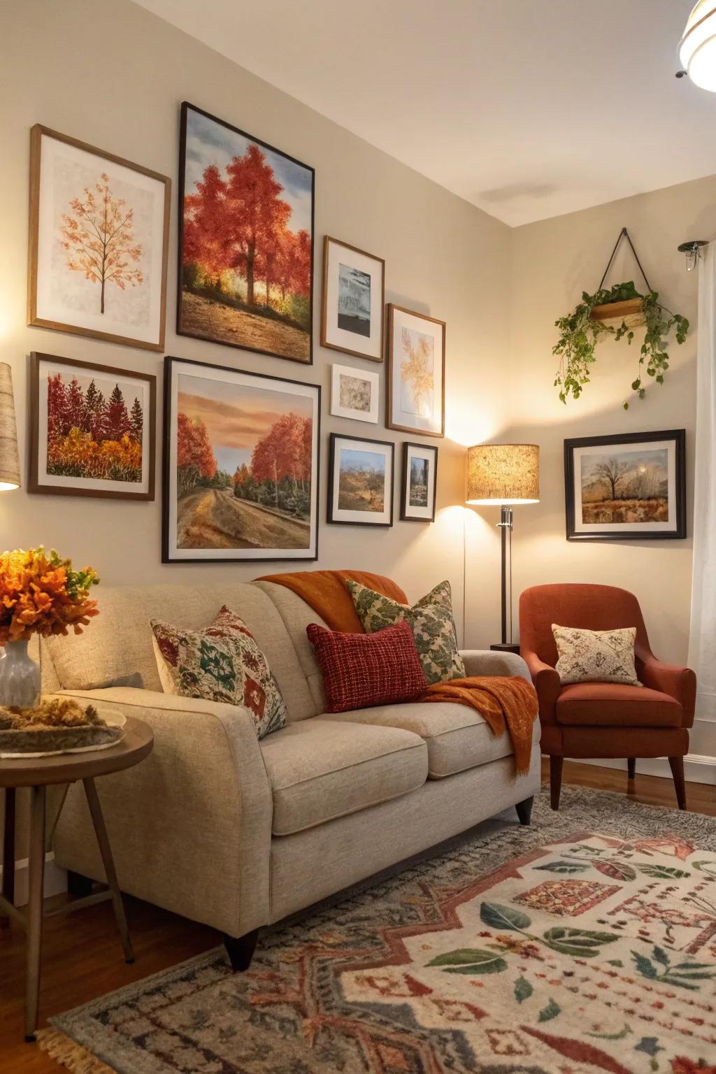 A gallery wall featuring seasonal art pieces in a cozy living room.