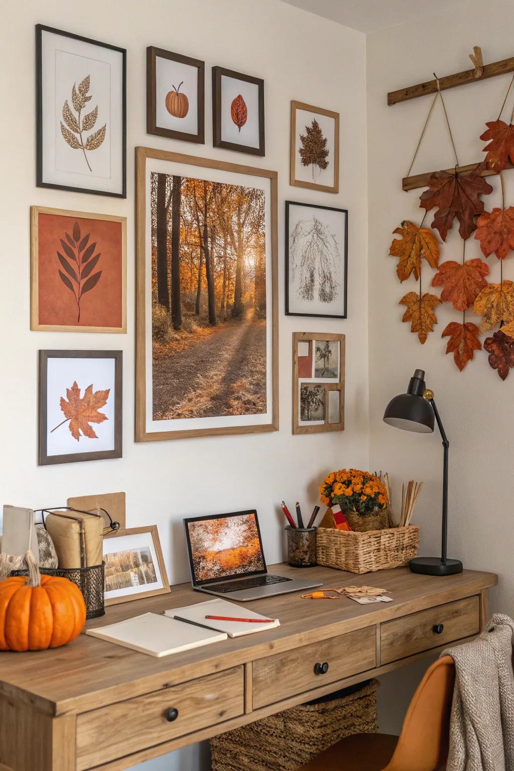 A gallery wall with autumn-themed art brings seasonal warmth to this office.