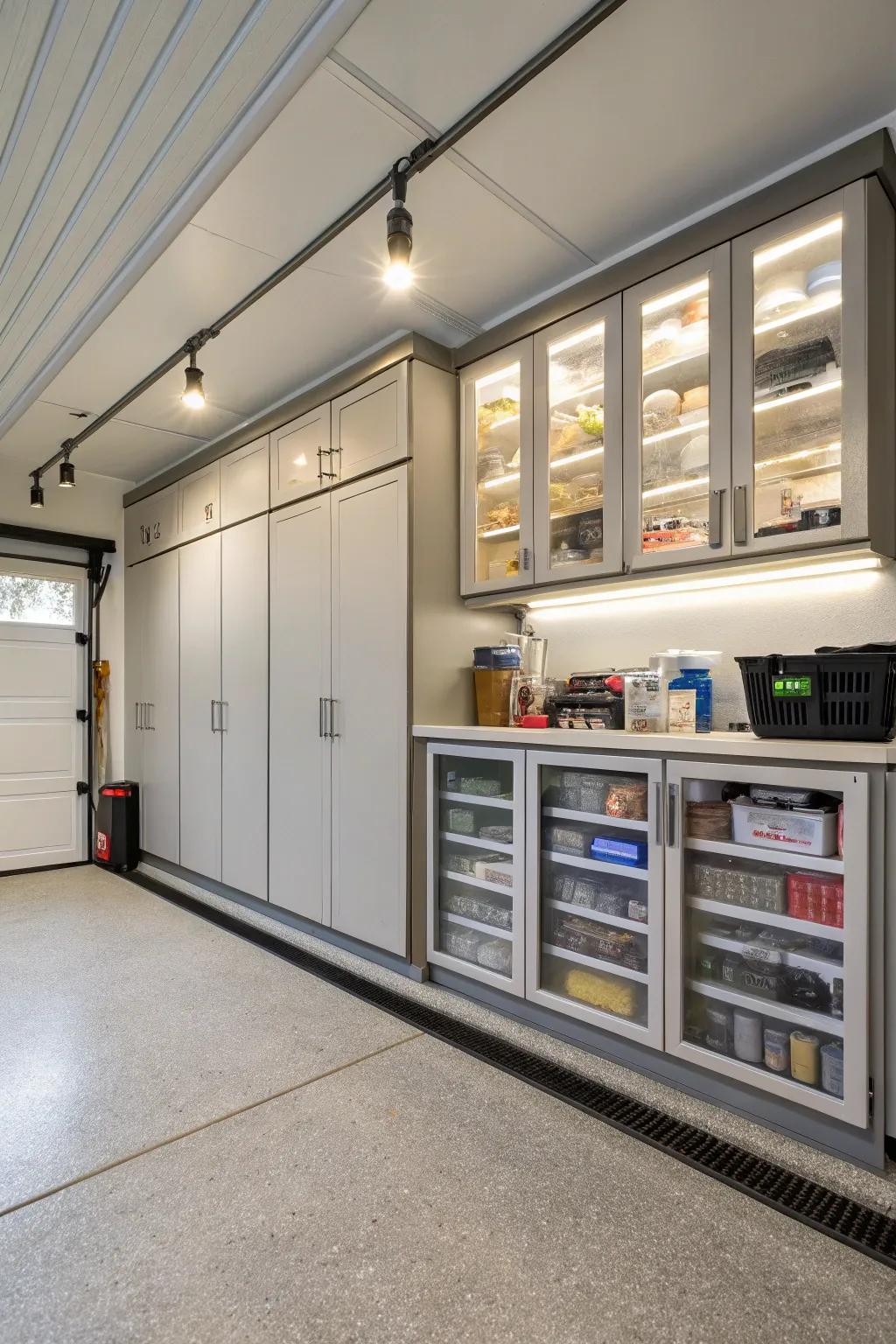 Built-in lighting enhances visibility in garage cabinets.