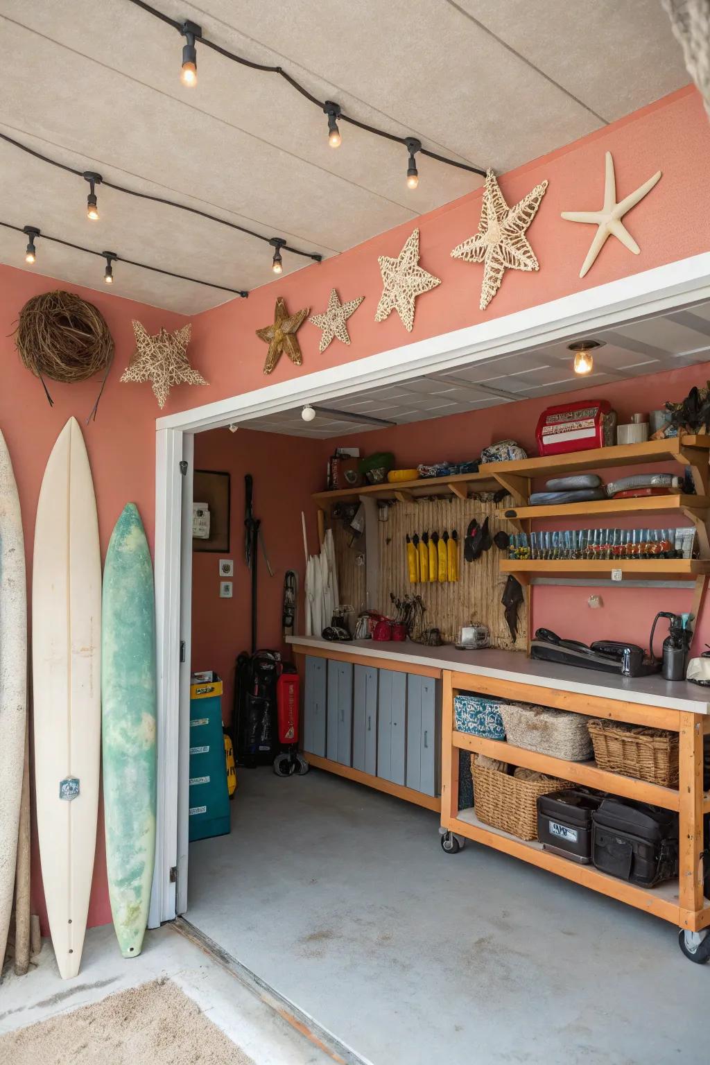 A muted coral ceiling offers a subtle yet stylish pop of color.