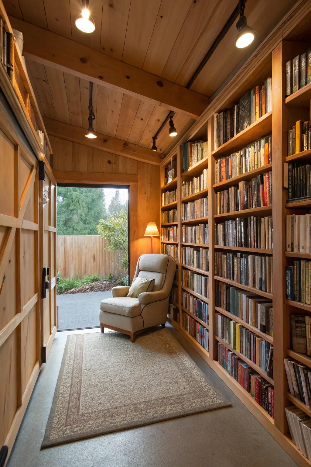 A cozy home library nestled in a converted garage.