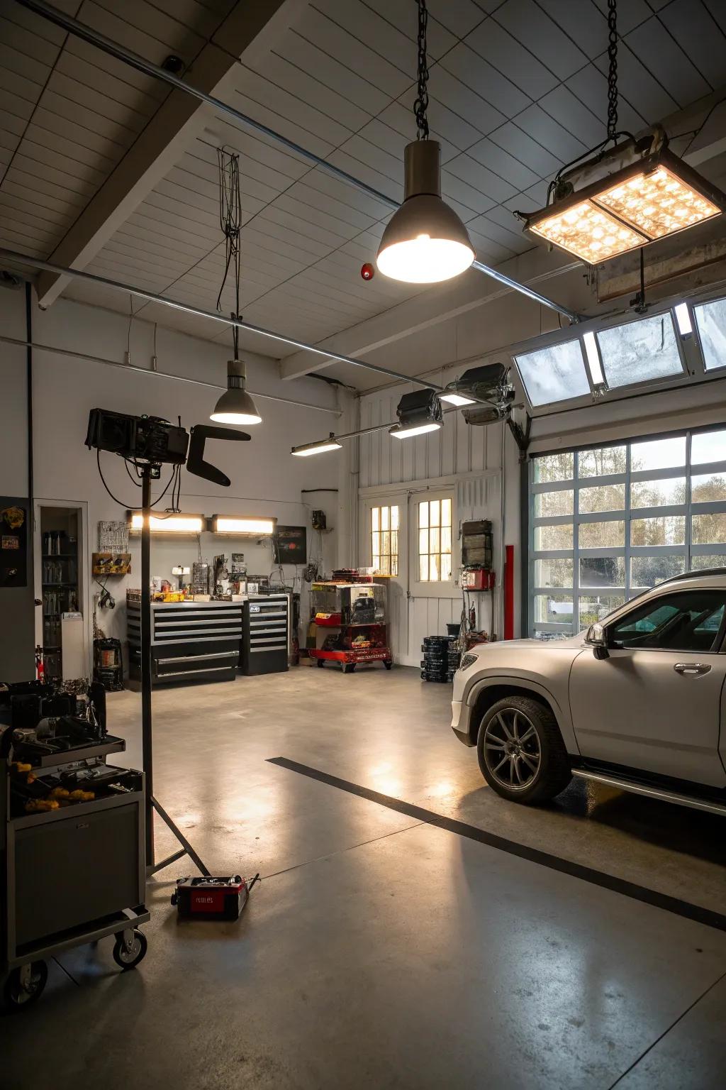 Multiple light sources ensure comprehensive illumination in larger garage spaces.