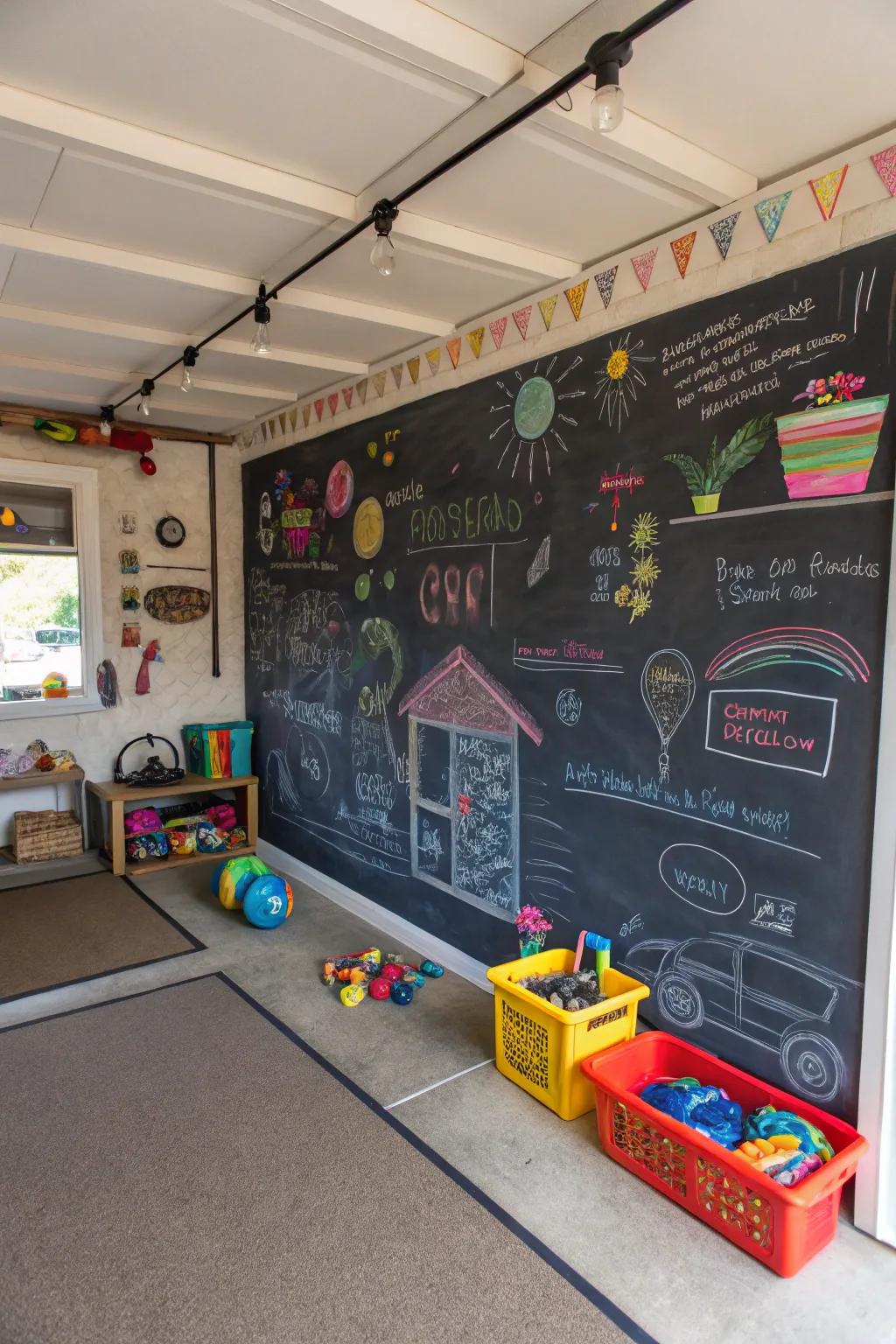 A chalkboard wall invites endless creativity and fun.