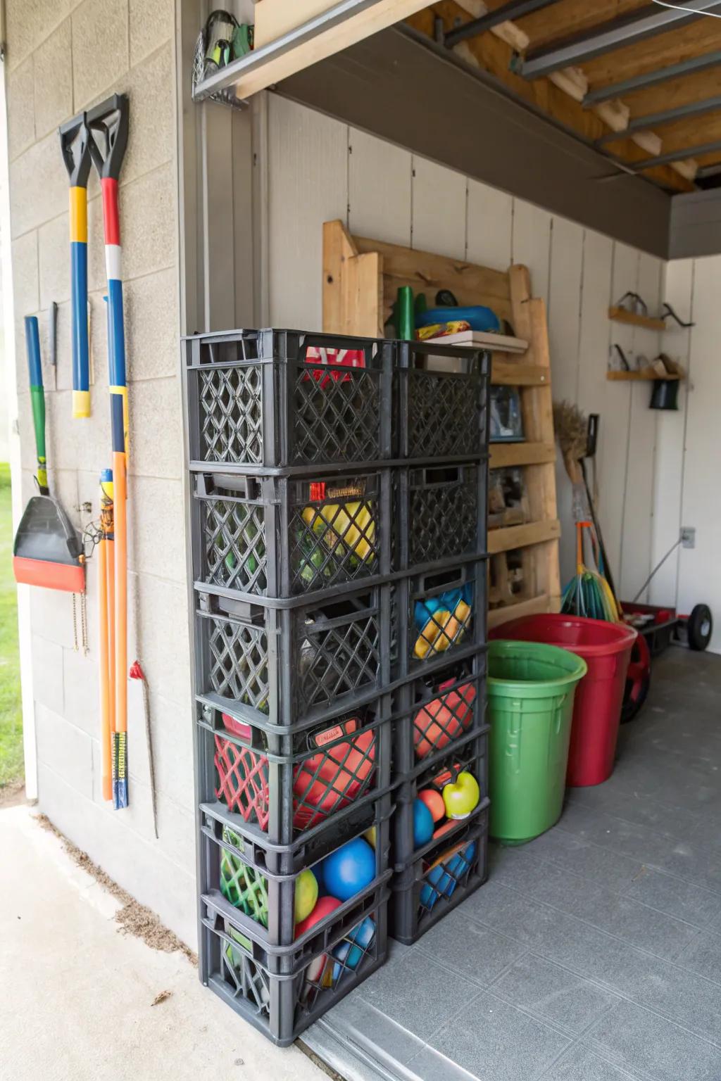 Milk crates offer a simple and effective storage solution for outdoor toys.