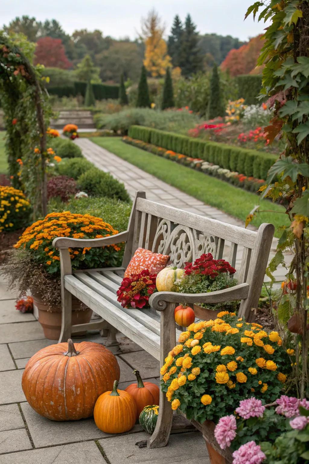 Seasonal decor keeps your garden bench fresh and inviting.