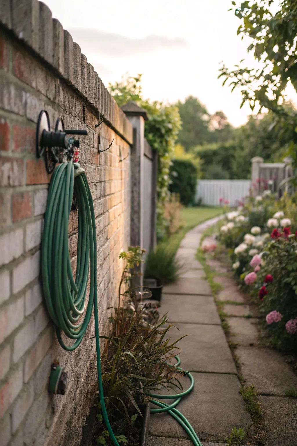 A wall-mounted hose holder helps keep hoses tidy and organized.