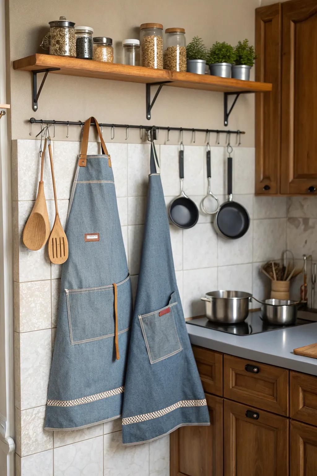 Matching aprons that add fun to their cooking sessions.