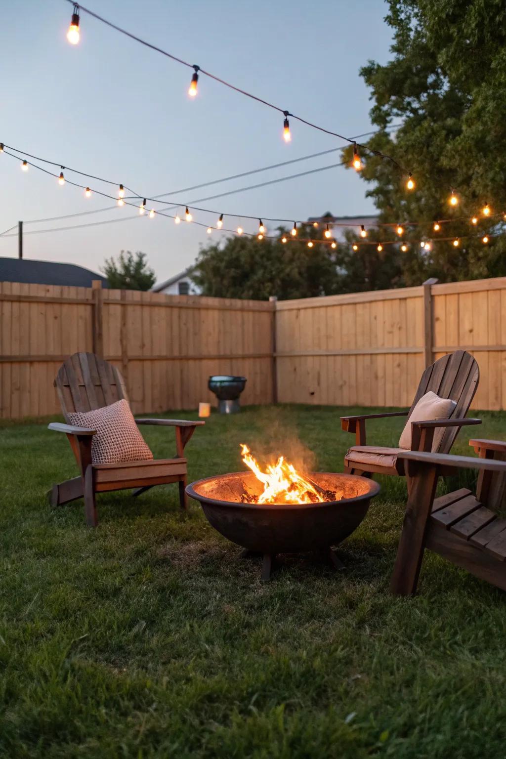 A portable fire pit creates a cozy atmosphere for outdoor gatherings.