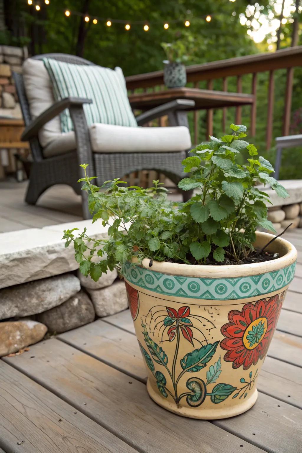 A colorful plant pot that brings a splash of creativity to any garden.