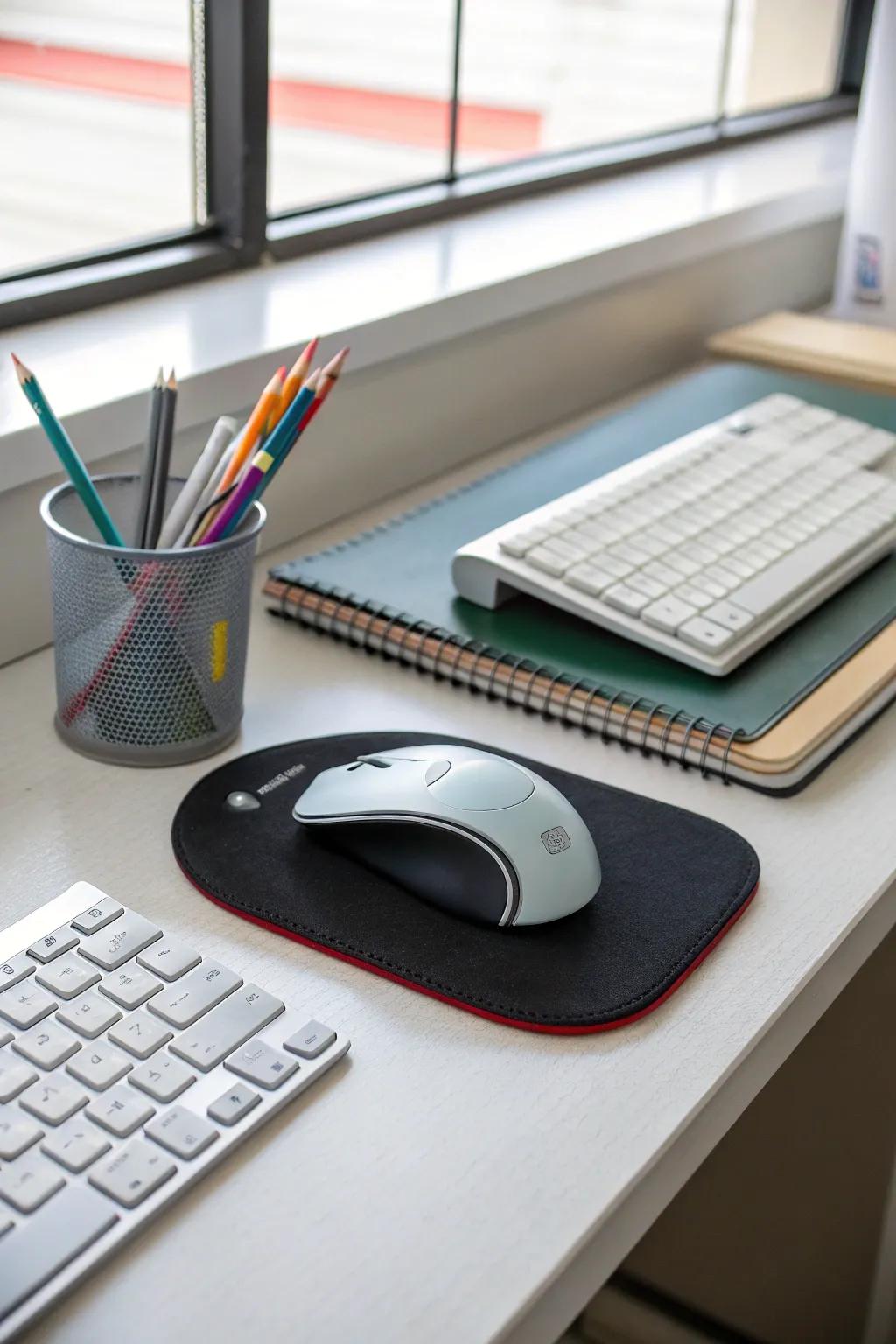 An ergonomic mouse pad providing comfort and support during work hours.