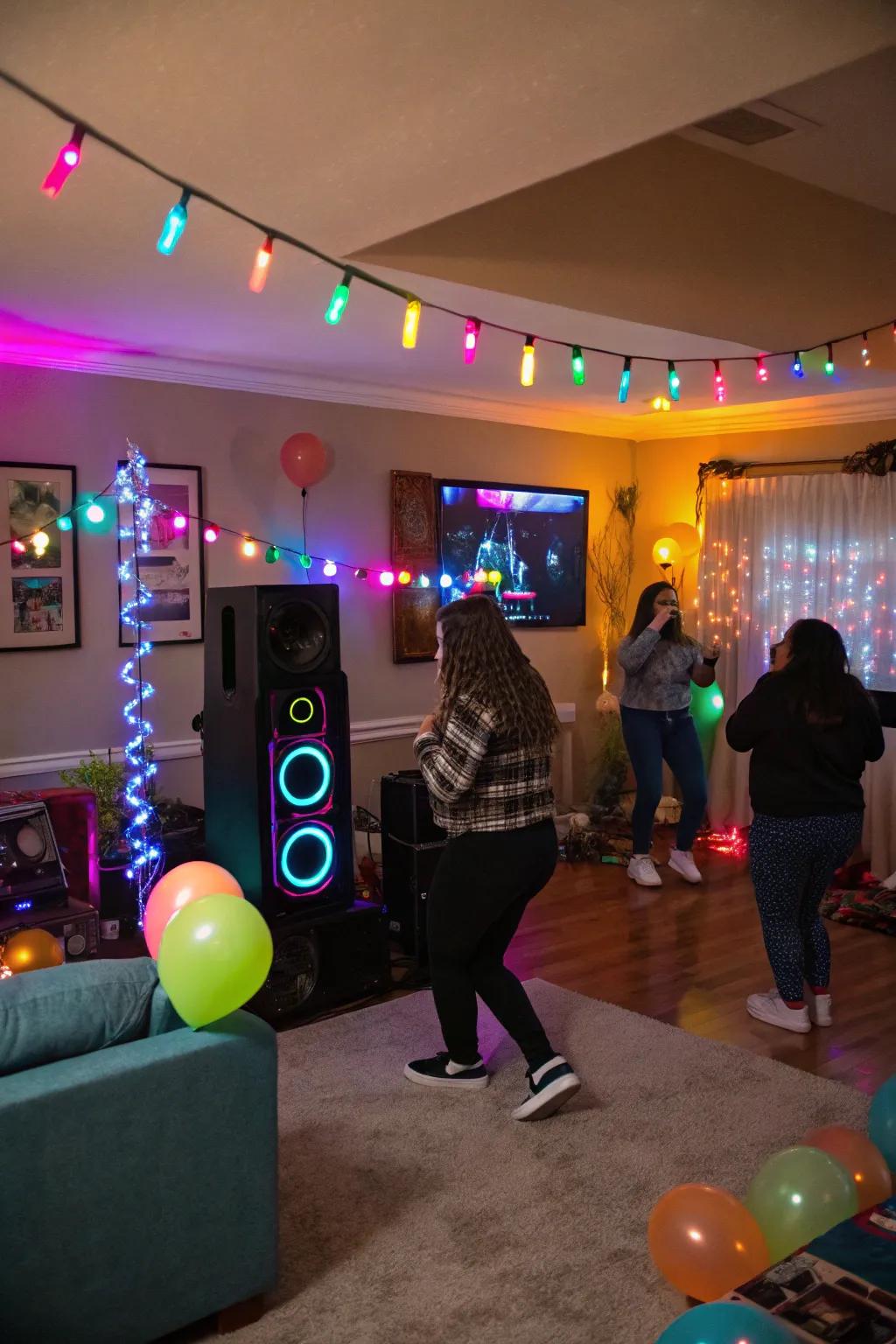 A lively dance party setup ready for some birthday moves.