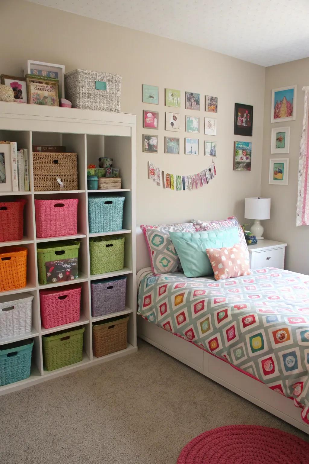 A girl's bedroom featuring smart storage solutions like bins and baskets.