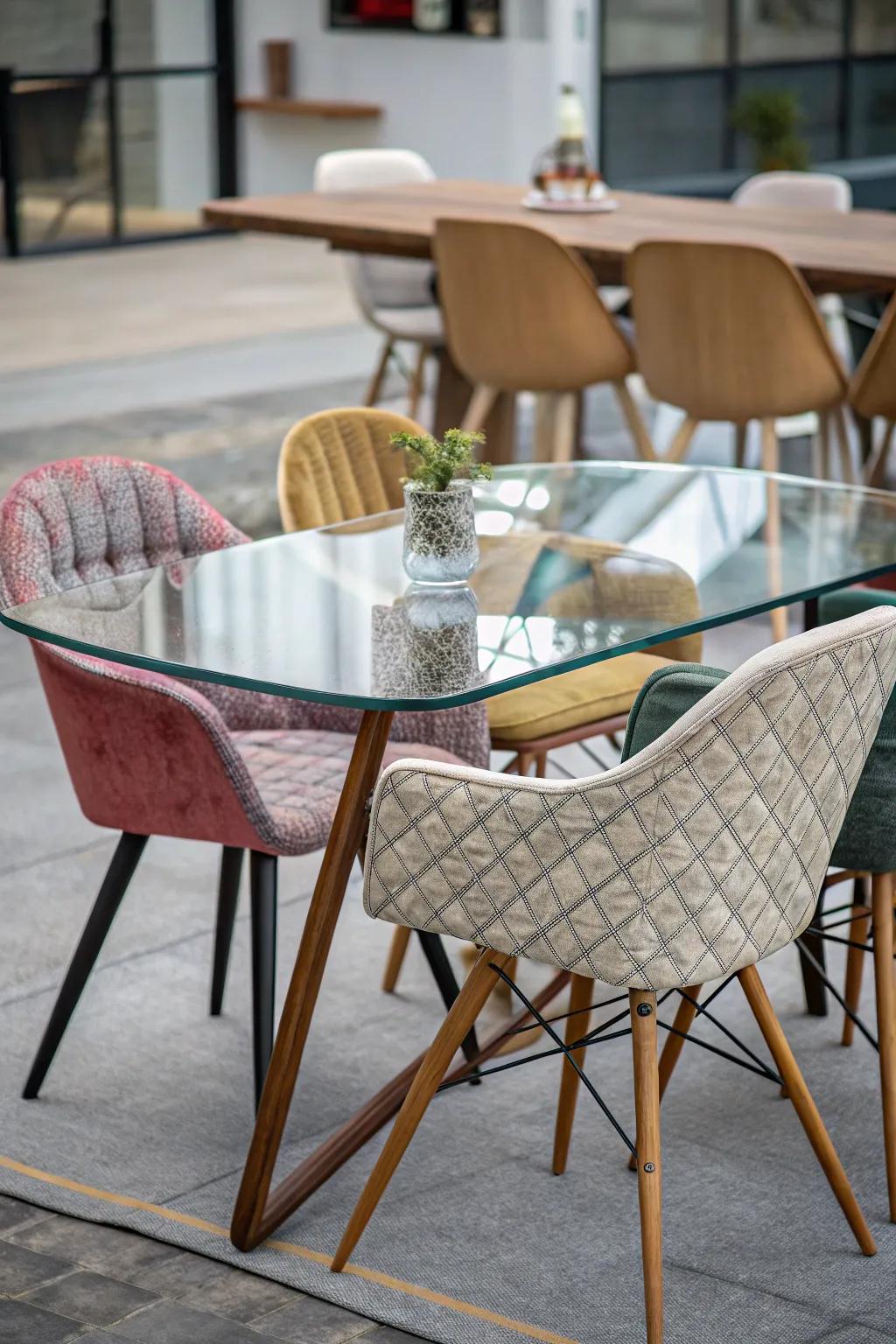 Diverse dining chairs adding character to a glass dining table.