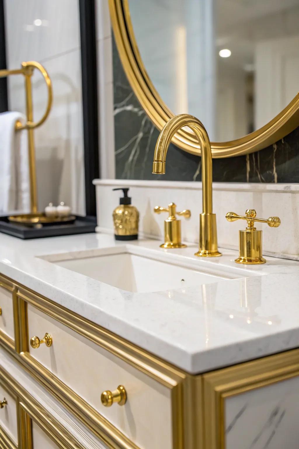 A luxurious vanity unit with gold fixtures.