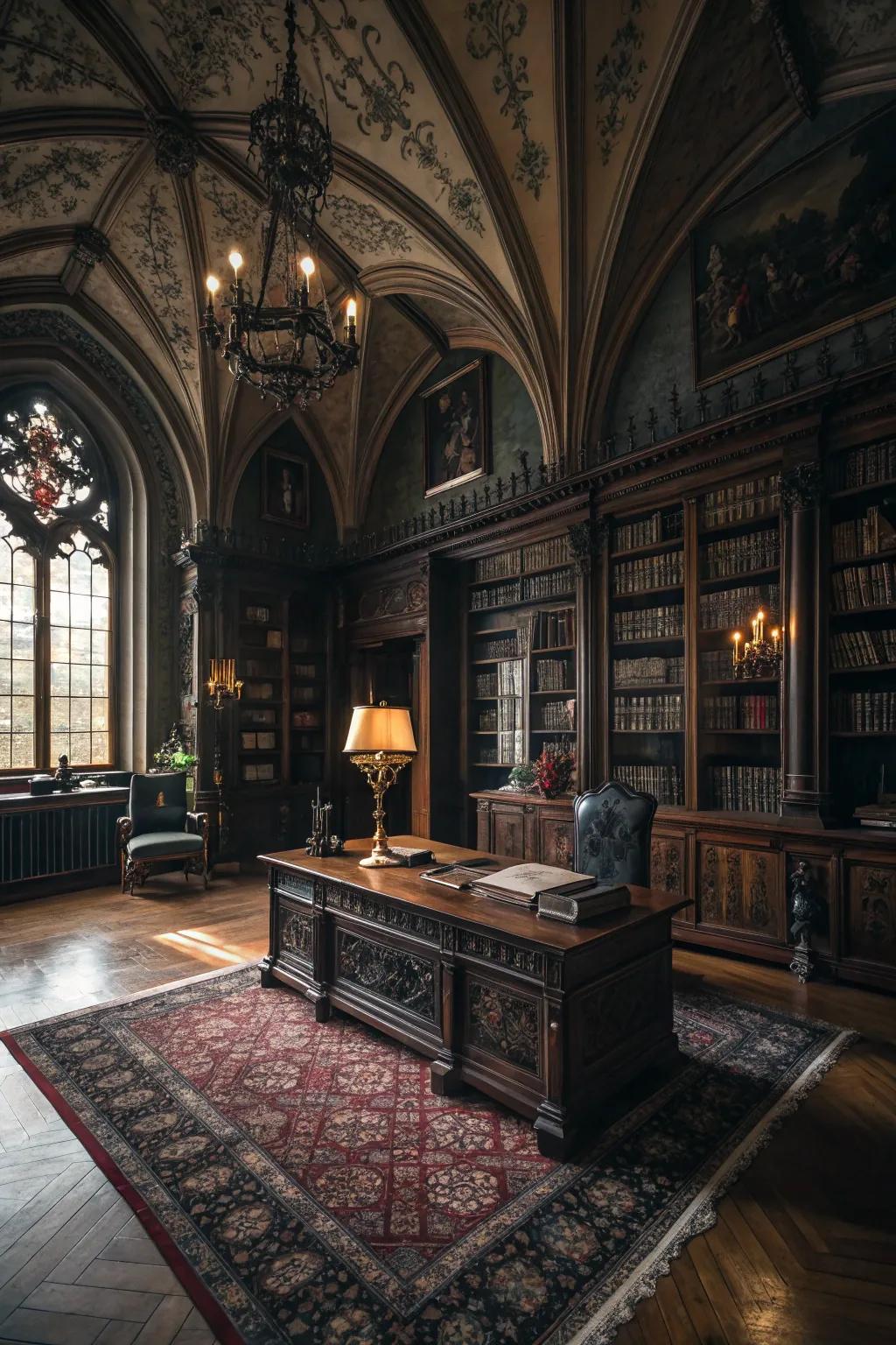 A richly textured rug adds warmth and style to a Gothic office.