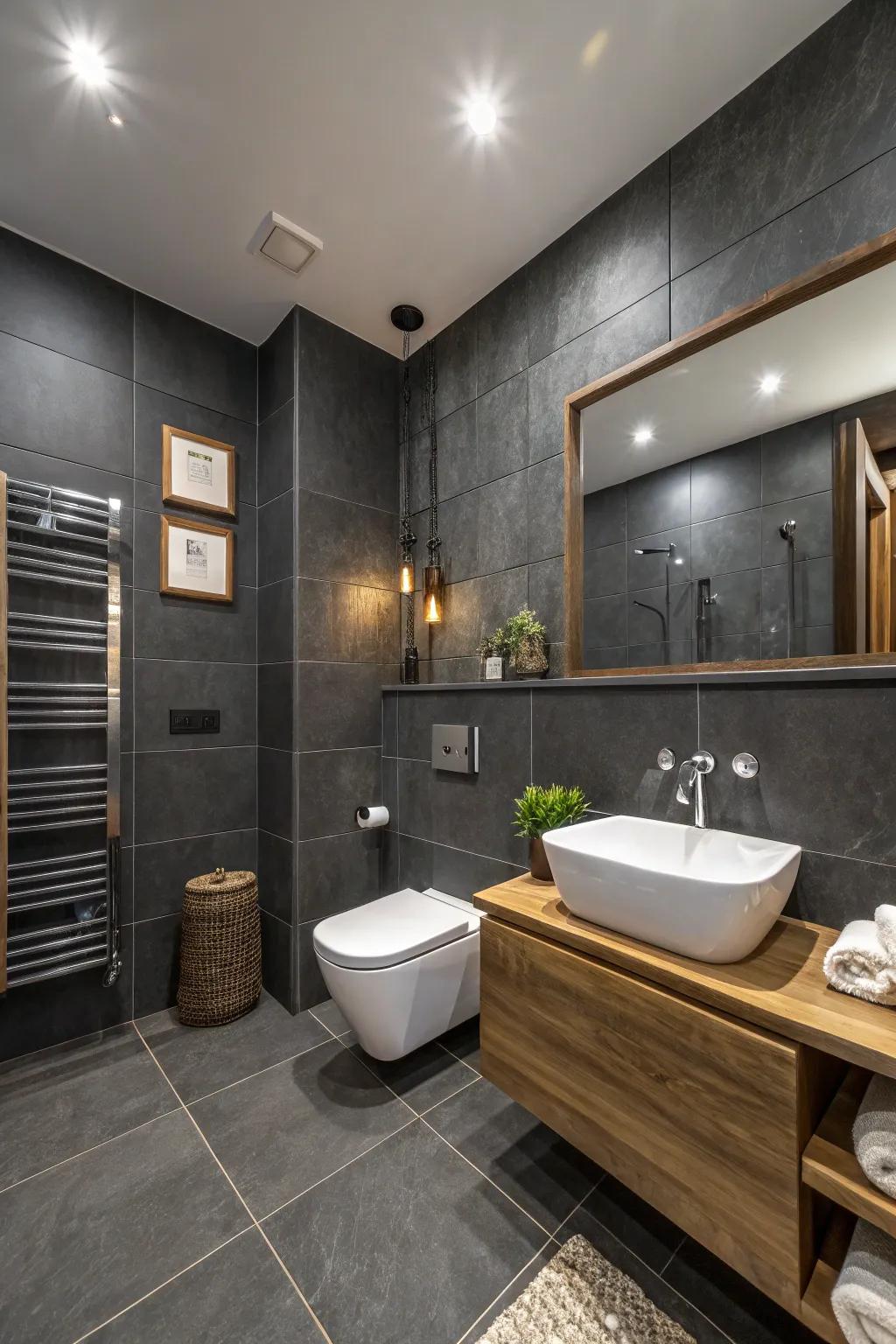 Dark gray contrast walls highlight key bathroom areas.