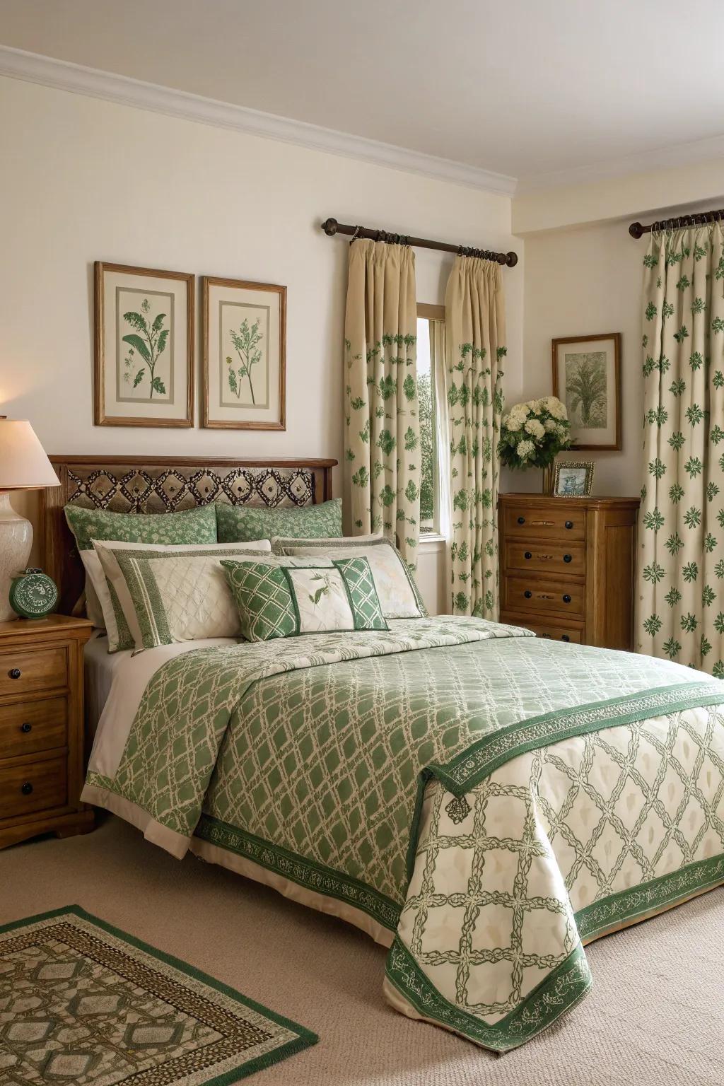 Mixed patterns in green and cream add a playful yet cohesive touch.