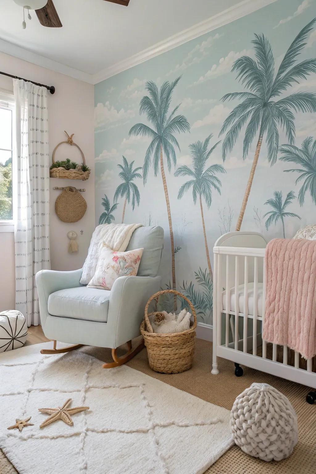 A chic nursery designed as a palm tree paradise.