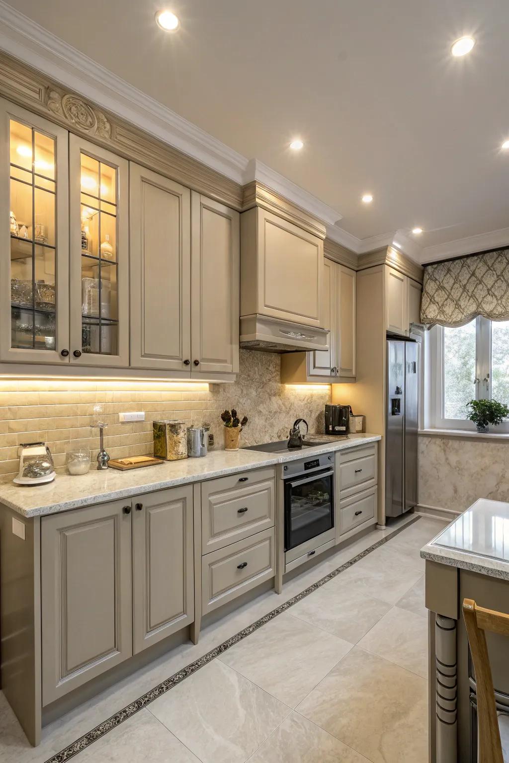 Beige walls with grey accents create a calming kitchen space.