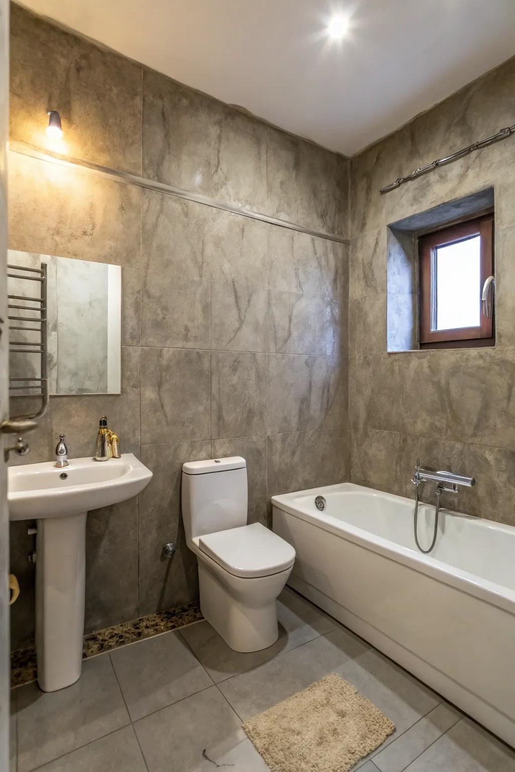 Waterproof gray plaster adds texture and mood to a stylish bathroom.