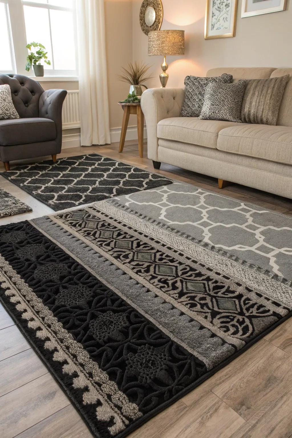 Layered rugs adding texture and dimension to the space.