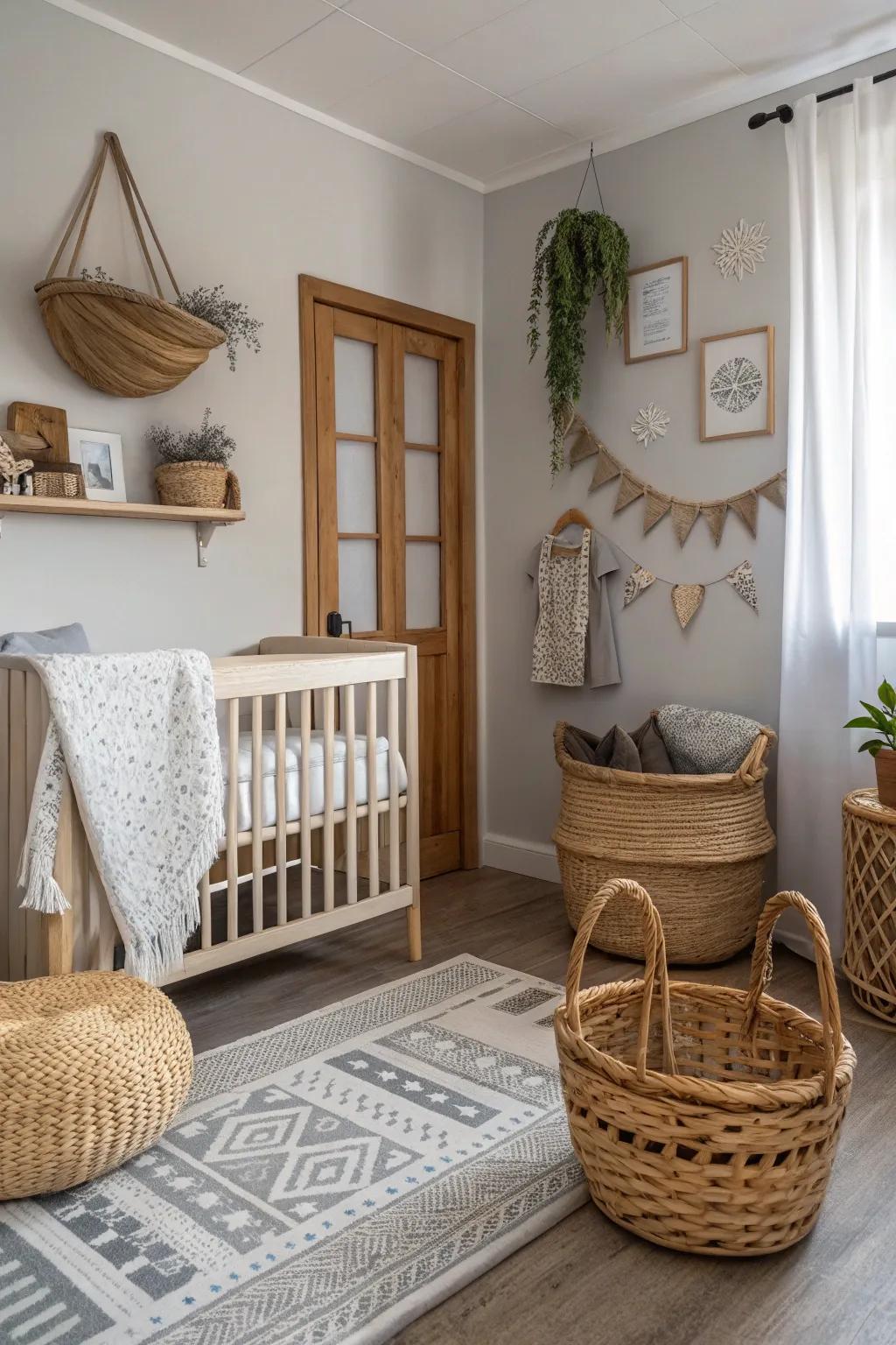 Earthy textures bring warmth to a grey nursery.