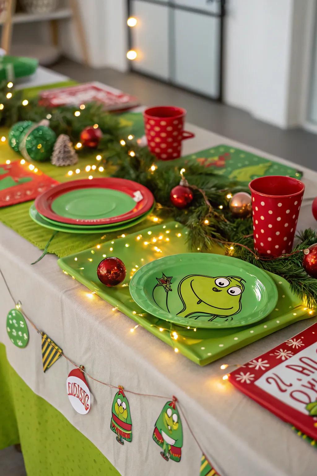 Grinch-patterned textiles enhancing the festive table setting.