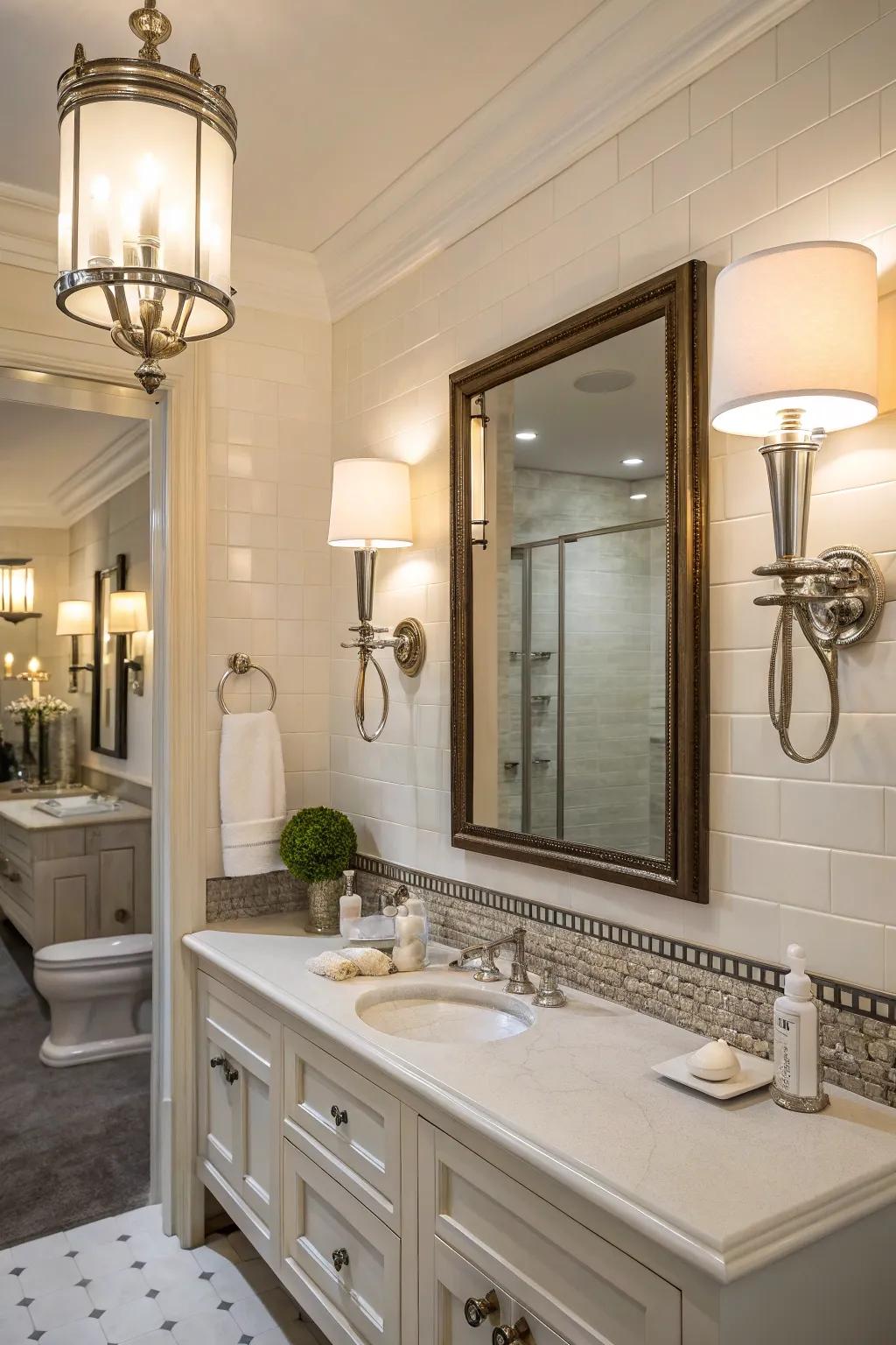 Elegant lighting transforms this guest bathroom into a luxurious retreat.