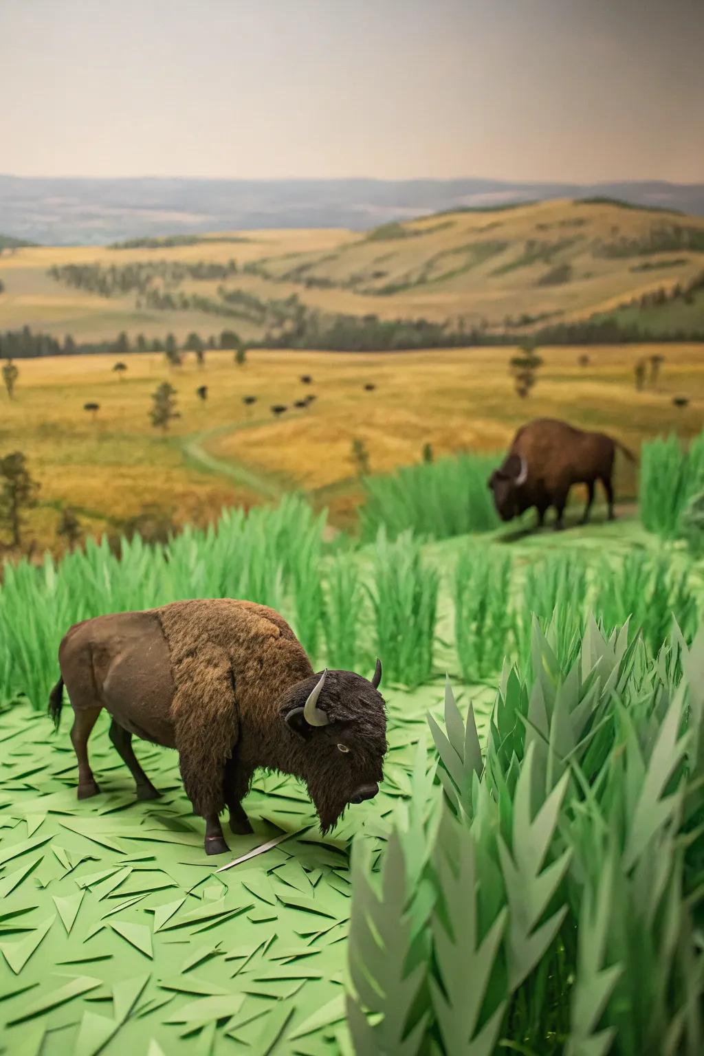 A serene prairie habitat diorama with grassy plains and bison.