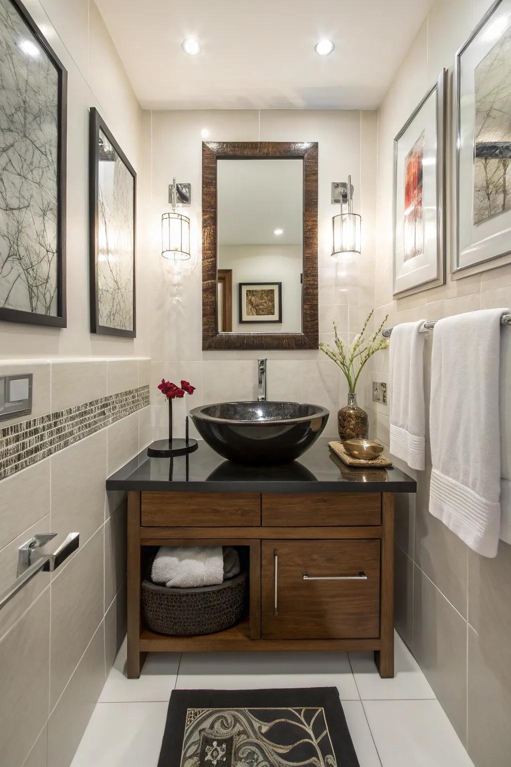 A distinctive sink serves as a stylish focal point.