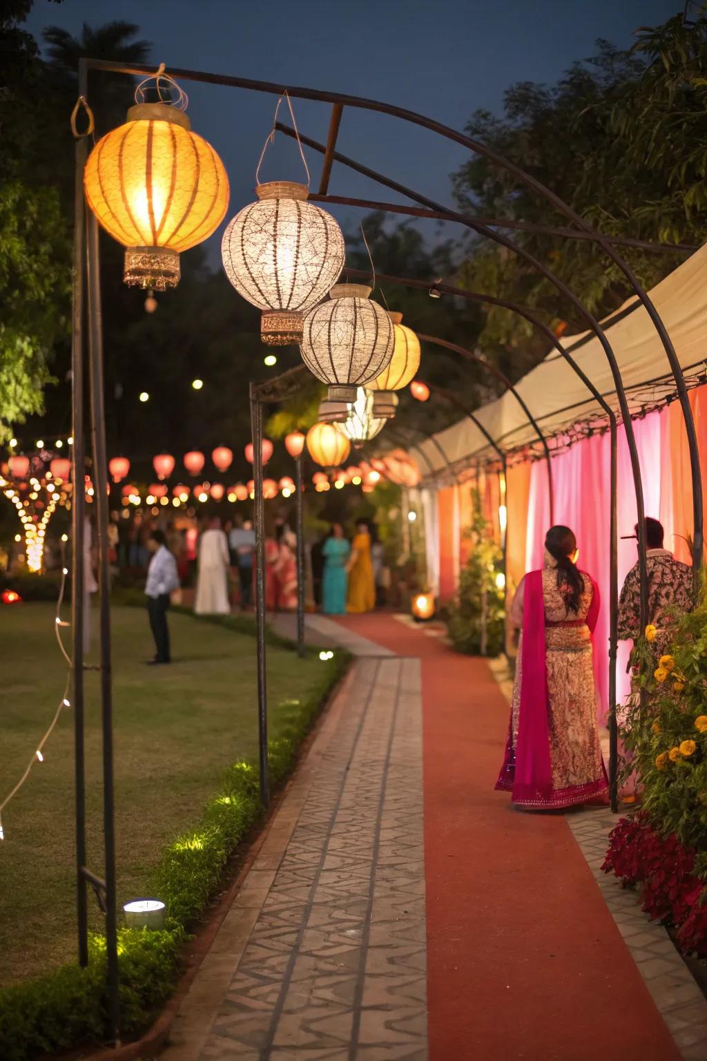 An inviting entrance with a pathway lit by elegant lanterns.