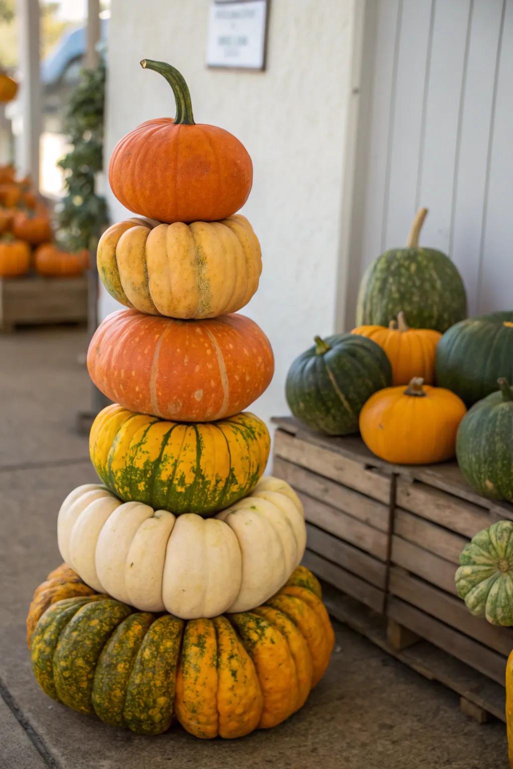 A classic display of piled pumpkins in moody hues.