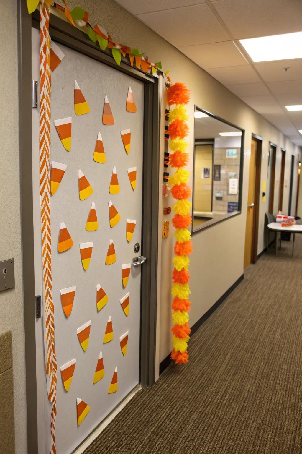 Sweeten up your Halloween decor with a candy corn themed door.