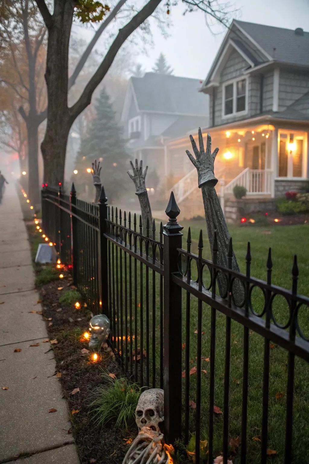 Zombie hands add a ghoulish touch to your fence.