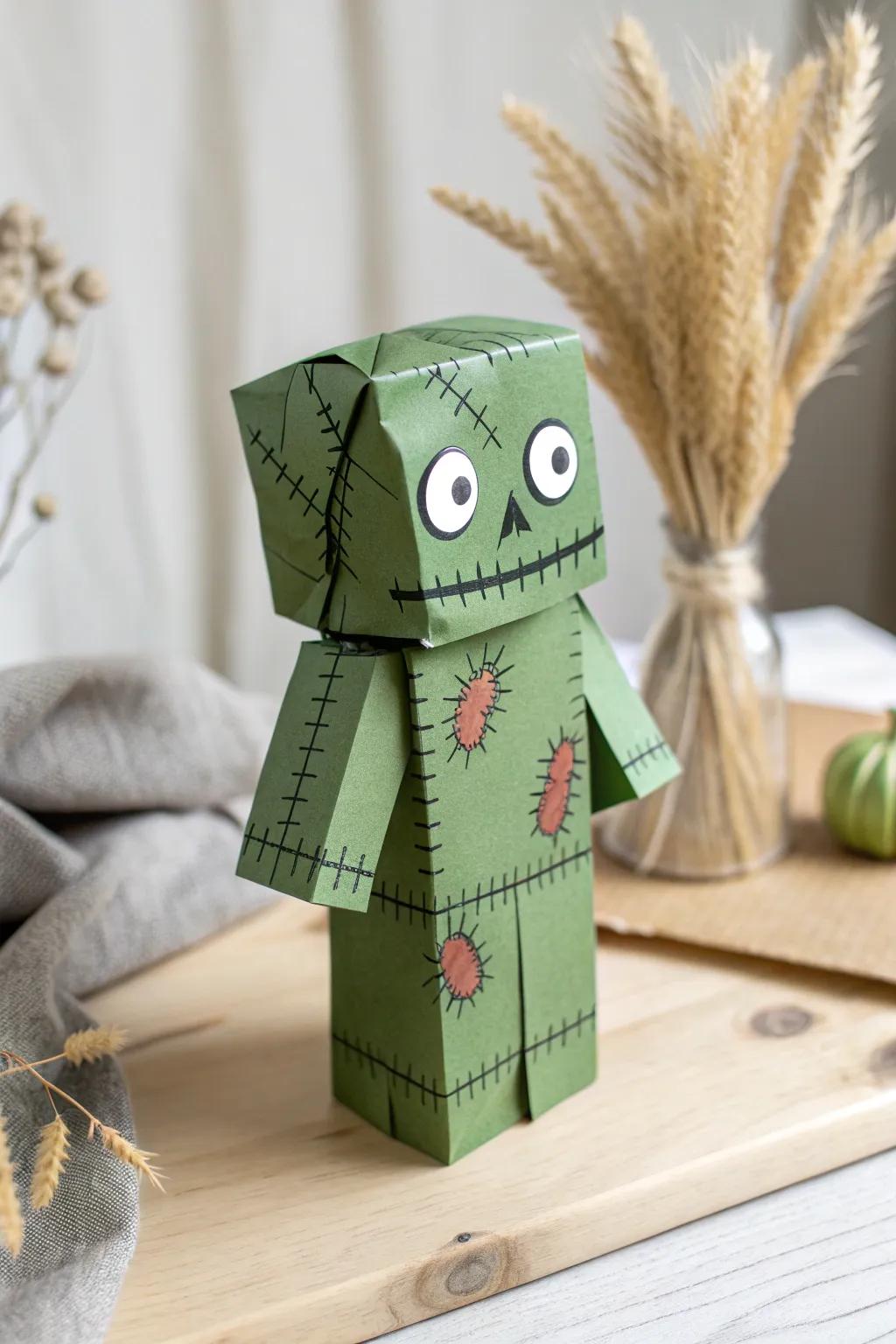 Elevate your Halloween decor with this charming zombie paper bag puppet, showcasing the beauty of minimalist craft.