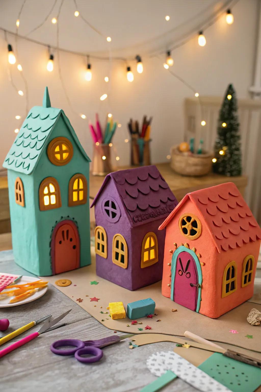 Craft your own haunted houses with playdough for a spooky touch at home.