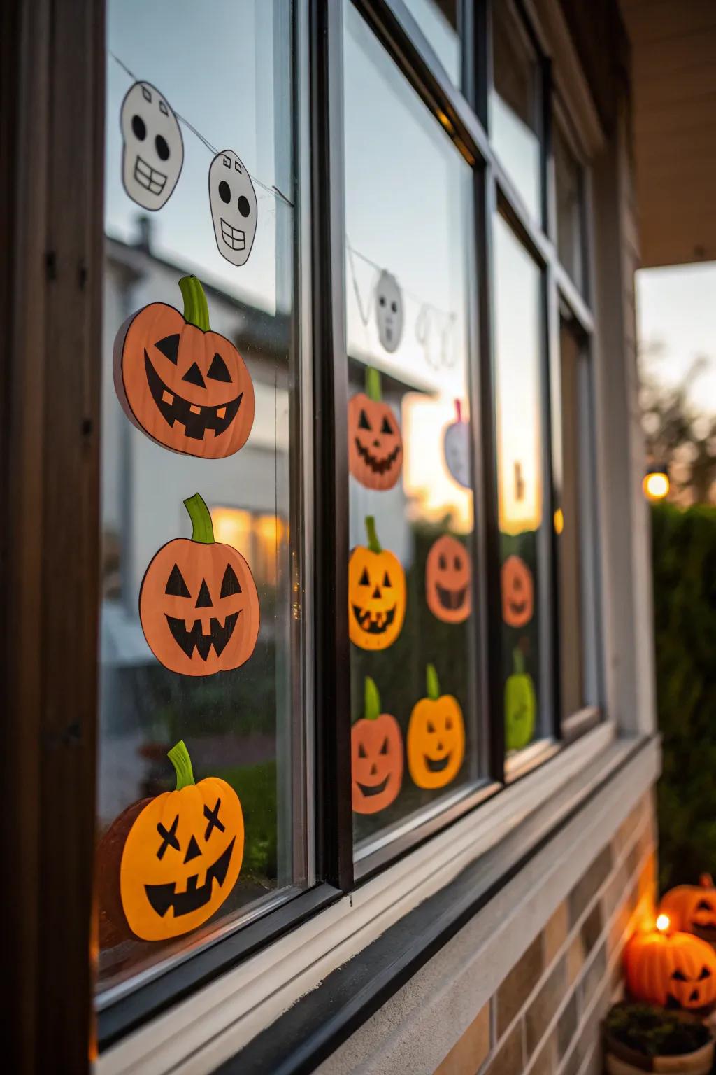 Jack-o'-lantern faces bring the essence of Halloween to your windows.