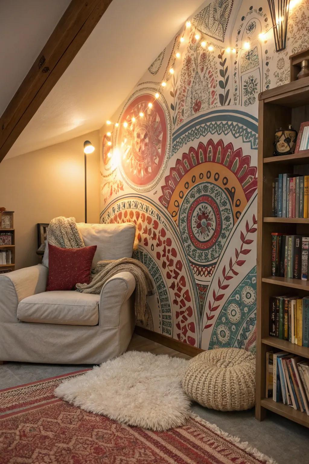 Bohemian patterns create a cozy, eclectic atmosphere in the reading nook.