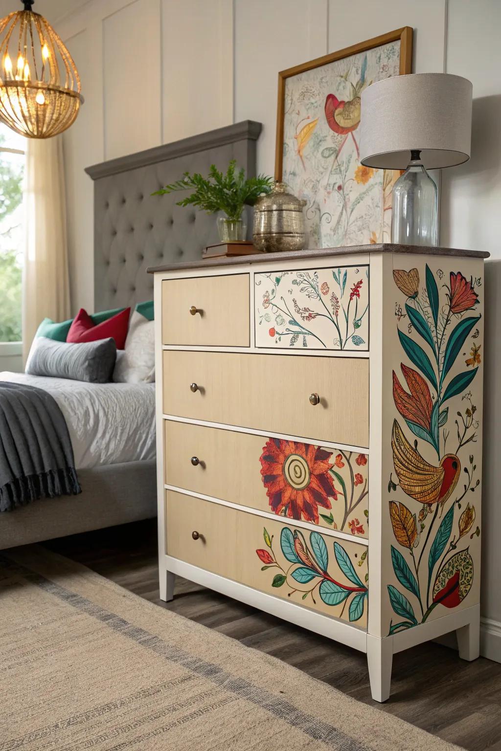 A two-tone dresser adds depth and style to the bedroom.