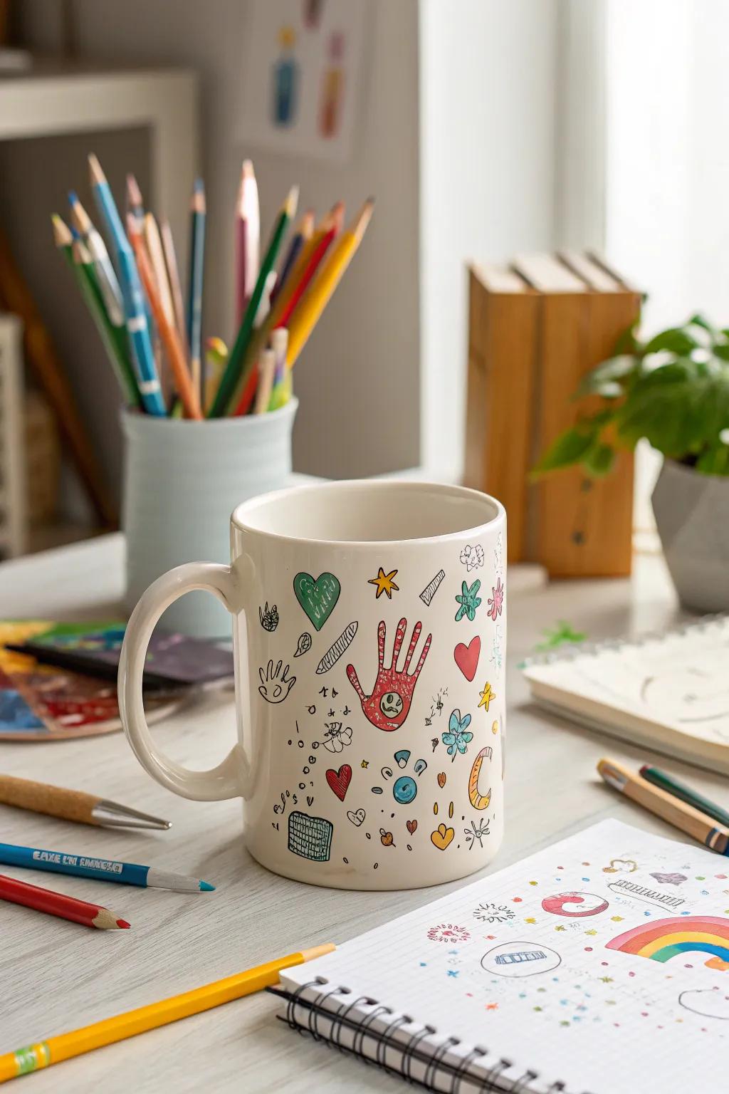 Combine handprints with doodle art for a playful mug design.