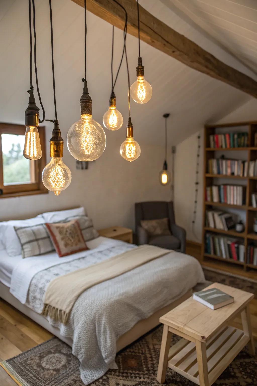 Edison bulbs create a layered lighting effect in bedrooms.