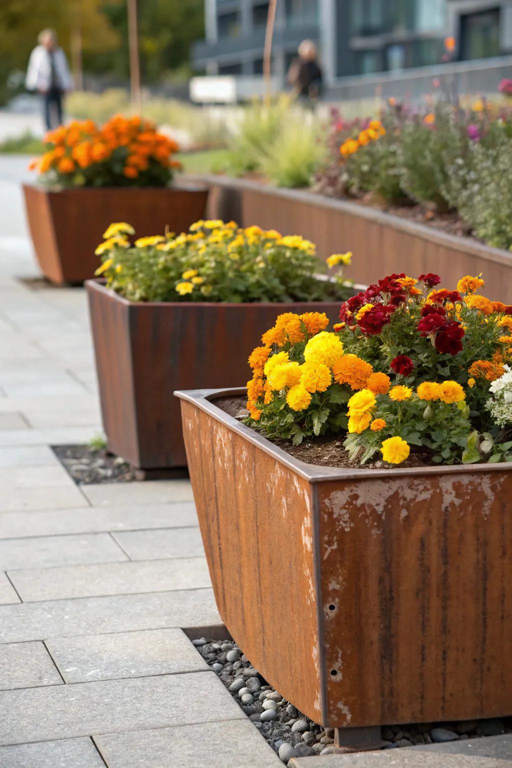 Corten steel planters add an industrial, modern element.