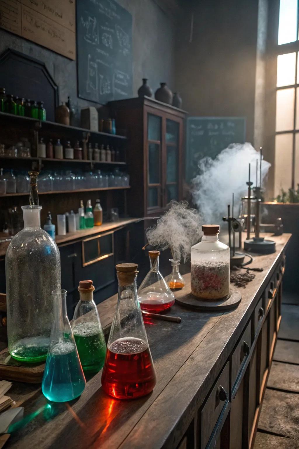 A sinister science lab with bubbling potions and eerie decor.